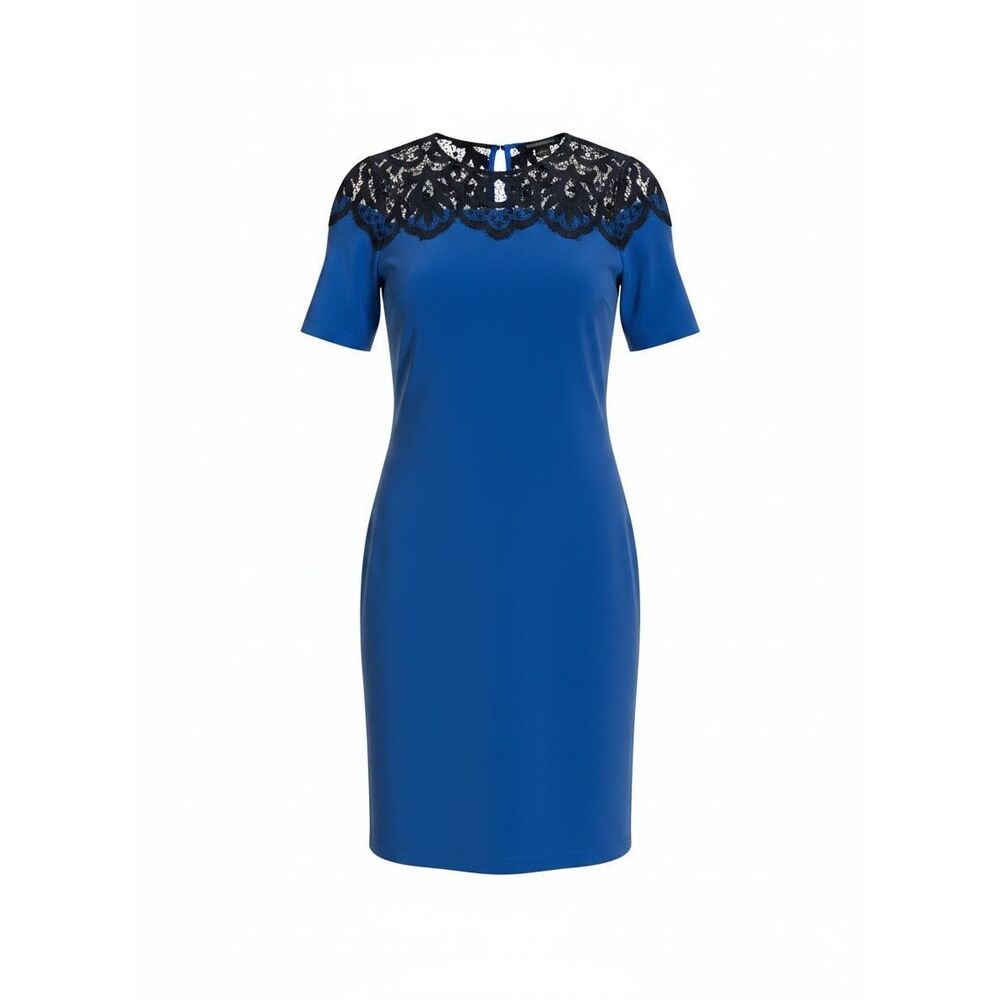 Cynthia Steffe Lace Yoke Shift Dress 0 Royal Blue Black Short Sleeve NWOT‎